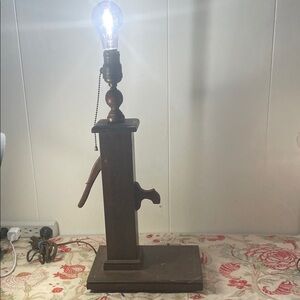 Vintage Handmade Rustic Wooden Water Pump Brown Table Lamp